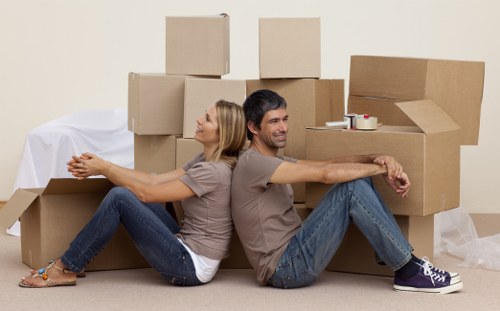 Packed storage boxes and furniture inside a mobile storage unit